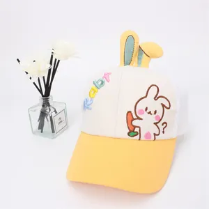 Detail of cartoon rabbit embroidery and breathable mesh on children summer trucker hat