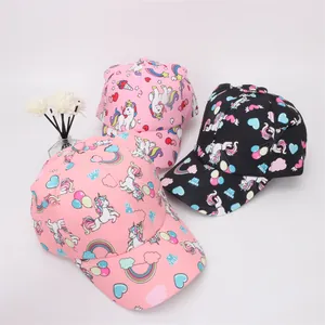 Three kids cartoon unicorn baseball caps with rainbow patterns and 3D ears detail
