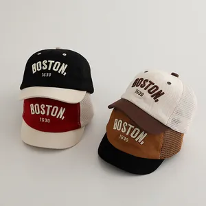Vintage Baby Kids Mesh Baseball Cap BOSTON Royal Letter Embroidery Short Brim Breathable Sun Protection Trucker Hat For Toddlers