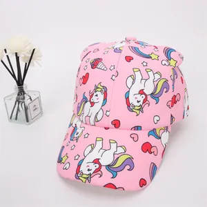 Pink cartoon unicorn baseball cap for girls with rainbow prints and 3D ears on top