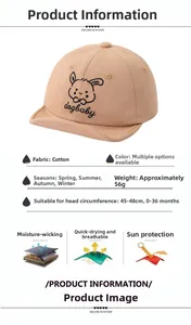 Détail casquette bébé en coton kaki avec broderie lapin et spécifications de taille