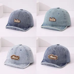 Baby Kids Denim Baseball Cap Soft Brim Smile Miami Bear Patch Retro Sun Hat For Infants Toddlers Adjustable Street Casual Headwear