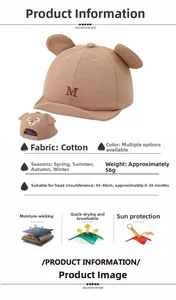 Detail of baby bear ear baseball cap showing M embroidery and moisture-wicking cotton fabric