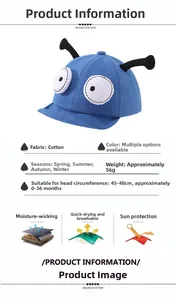 Blaue Baby-Baseballkappe mit Cartoon-Augen und Antennen mit Details zu Größe und Stoff