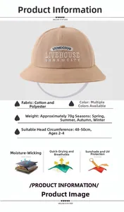 Detail showing khaki cotton blend kids bucket hat with letter embroidery and sizing specs