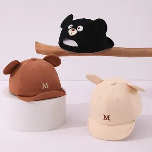 Detailed embroidery and plush animal ears on soft-brim cotton baby baseball caps