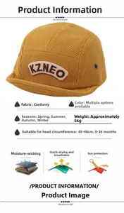 Détails techniques de la casquette bébé en velours avec taille et icônes de fonction