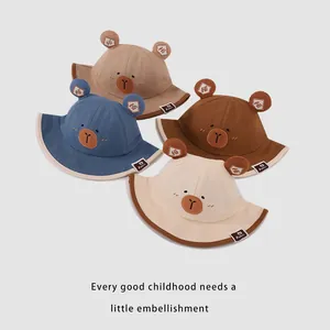 Süße Kinder Fischerhüte mit Bärenohren in Beige, Blau, Braun und Weiß aus Baumwolle