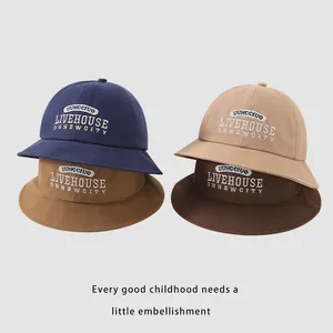 Kids cotton bucket hat with letter embroidery in navy, beige, yellow and dark brown