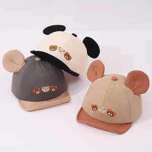 Casquette de Baseball Bébé à Bord Souple Avec Oreilles d'Ours 3D et Broderie d'Ours de Dessin Animé Mélange de Coton Chapeau de Protection Solaire Réglable pour Tout-petits 0-36 Mois