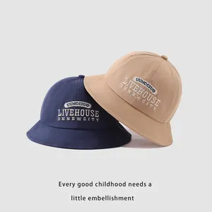 Kids cotton bucket hats in navy and khaki with letter embroidery for boys and girls