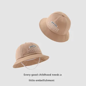 Baby cotton bucket hat in khaki with embroidered letters and elastic windproof strap