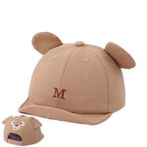 Infant baseball cap with cute 3D ears and red M embroidery in khaki cotton fabric