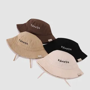 Kids Cotton Blend Bucket Hat For Boys Girls Summer Outdoor Sun Protection Embroidered Letter Design With Adjustable Windproof Rope Sunshade Hat