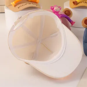 Detail view of the six-panel interior construction and white sweatband of the child's cap
