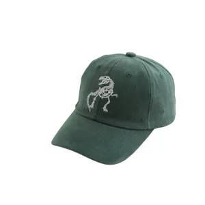 Kids dark green baseball cap featuring white dinosaur skeleton embroidery for boys and girls