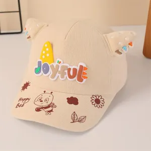 Gorra de béisbol de pana beige para niños con orejas de gato 3D y bordado alegre
