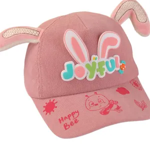 Gorra de béisbol rosa para niños con orejas de conejo y bordado Joyful decorativo