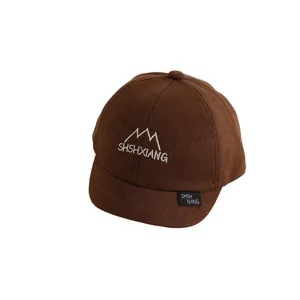 Coffee brown short brim baseball cap for kids featuring SHSHXIANG mountain embroidery