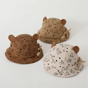 Cute Baby Kids Corduroy Bucket Hat With 3D Bear Ears Bow Pattern Printed Warm Winter Autumn Fisherman Cap For Boys Girls