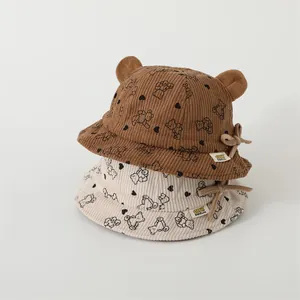 Corduroy baby bucket hat with bear ears and heart patterns for warmth in autumn and winter