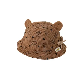 Brown corduroy baby bucket hat with bear ears and cartoon prints for autumn winter