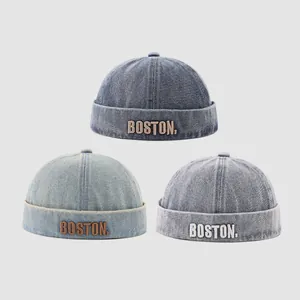 Three-color washed denim docker hats with Boston embroidery for stylish children