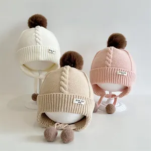 Baby Kids Winter Knit Hat Cute Earflap Beanie With Pom Pom Thickened Warm Acrylic Crochet Cap For Toddlers Daily Use