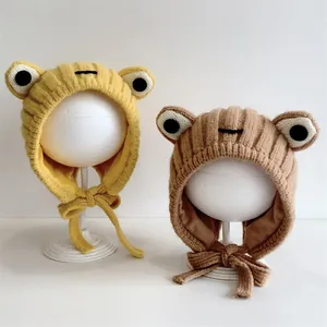 Kinder Winter Warm Acryl Strick Frosch Hut Süße Cartoon Große Augen Ohrklappe Häkeln Beanie Für Kleinkinder Jungen Mädchen