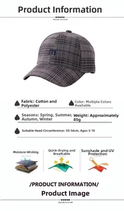 Detail specifications of plaid kids baseball cap with M embroidery and cotton fabric