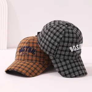 Kids vintage houndstooth plaid baseball cap with BOSTON 1630 embroidery for autumn