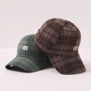 Kids plaid baseball caps with M embroidery in green and coffee brown patterns