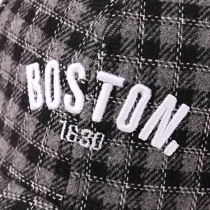 Thick checkered wool baseball cap featuring white BOSTON embroidery for winter