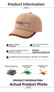 Détail de casquette bébé avec broderie ours Happy et tissu évacuant l'humidité