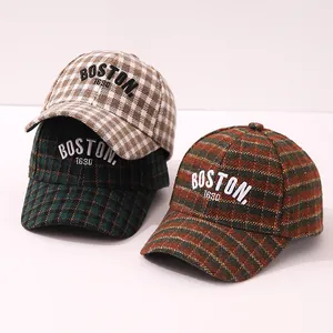 Kids Plaid Baseball Cap Boston 1630 Embroidery Warm Autumn Winter Cotton Blend Checkered Hat For Boys Girls Children