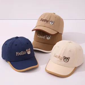 Casquette de Baseball Enfant Broderie Ours Dessin Animé Chapeau de Soleil Décontracté Réglable en Mélange de Coton pour Garçons Filles