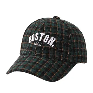 Green and brown plaid children's baseball cap with white Boston 1630 embroidery