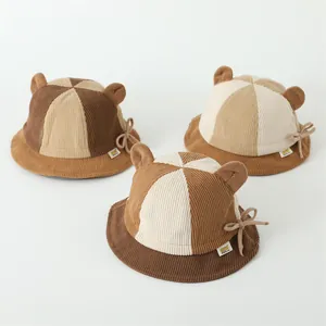 Patchwork corduroy baby bucket hat with cute bear ears and bow for toddlers aged 2-5