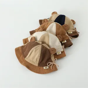 Kids corduroy bucket hats with cute ears and bow drawstring in four assorted colors