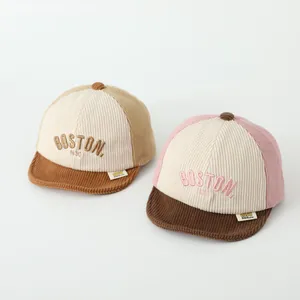 Kids corduroy Boston baseball cap in khaki and pink patchwork, warm infant soft brim hat