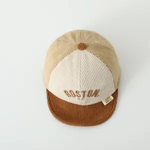 Kids corduroy BOSTON letter baseball cap in khaki and brown color block design