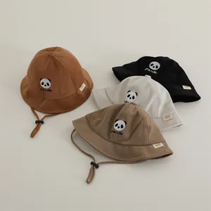 Kids waffled cotton panda bucket hat with embroidery and windproof cord in four colors