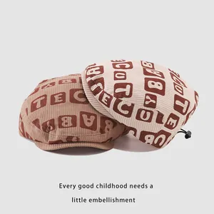 Corduroy baby beret with letter print and adjustable drawstring for toddlers