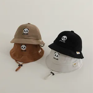 Children's Cartoon Panda Embroidered Cotton Waffle Bucket Hat With Adjustable Windproof String For Kids Winter Basin Hat