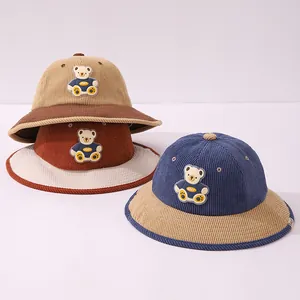 Corduroy bucket hat for kids with a cute 3D bear patch in multiple colors
