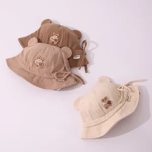 Kids corduroy bucket hats with cute bear ears in brown, khaki, and beige colors