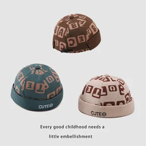 Winter corduroy kids brimless hats with alphabet prints and CUTE embroidery