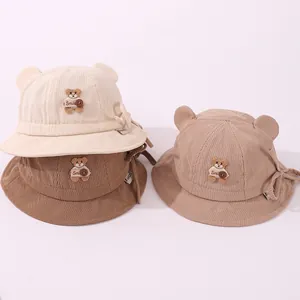 Cute Baby Corduroy Bucket Hat With 3D Bear Ears Nice Day Smile Patch Autumn Winter Warm Toddler Sun Hat For Boys Girls