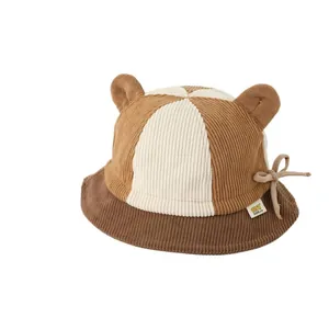 Kids corduroy bucket hat with cute bear ears and color block design for autumn