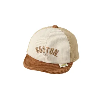Kids corduroy Boston baseball cap in cream and brown patchwork style for winter